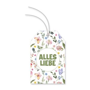 12 x Geschenkanhänger mit Band "Blumen - alles Liebe" 80 x 52 mm