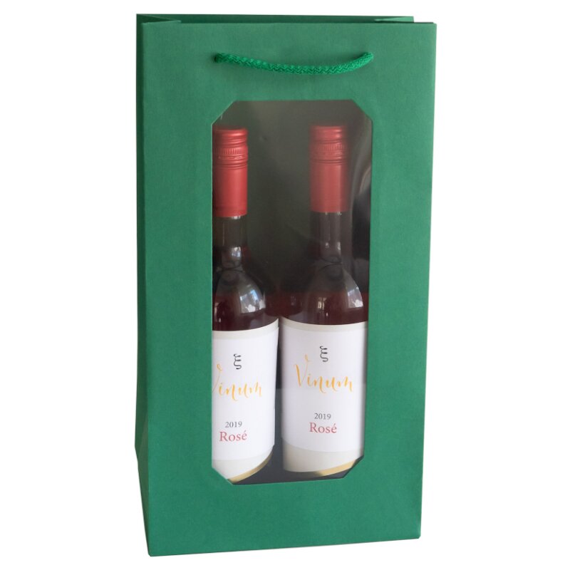 10 x Geschenktüte mit Fenster "Smaragdgrün" für 2 Flasche 370 x 200 x 10