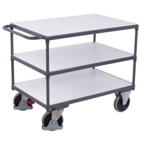 VARIOfit Schwerer ESD Tischwagen mit 3 Ladeflächen Typ L + EasySTOP -