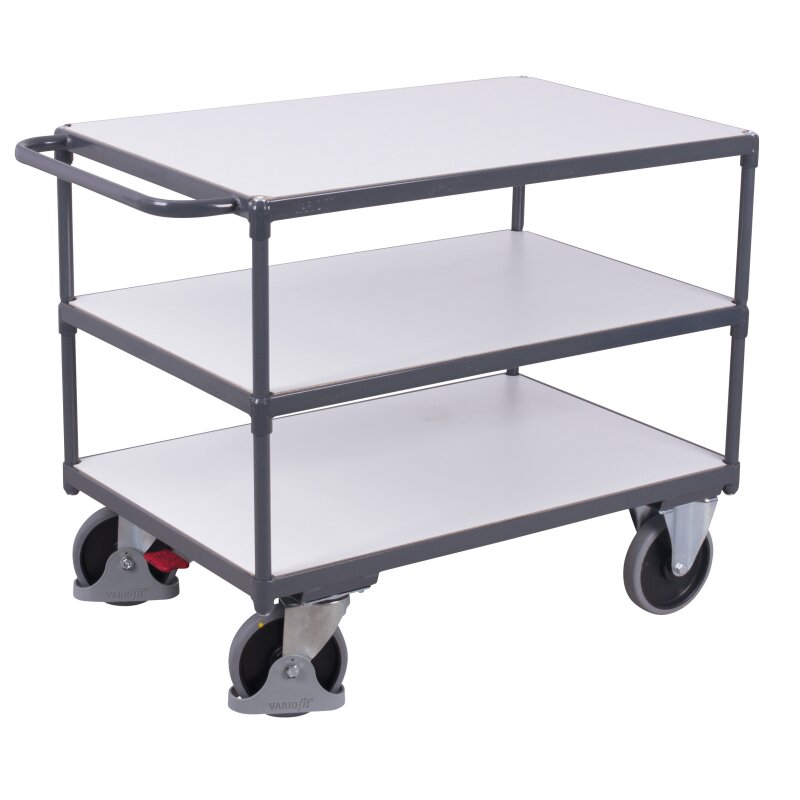 VARIOfit Schwerer ESD Tischwagen mit 3 Ladeflächen Typ M + EasySTOP -