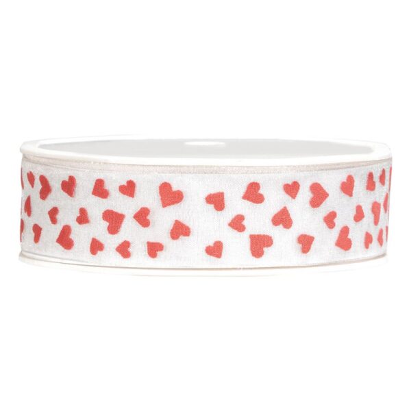 6 x Geschenkband "Herzchen" Weiß/Rot 25 mm x 20 m